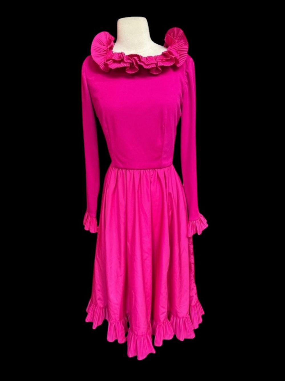 1980s Victor Costa Ltd. Hot Pink Ruffled Scoop Neckline & V-Neck Back Dress